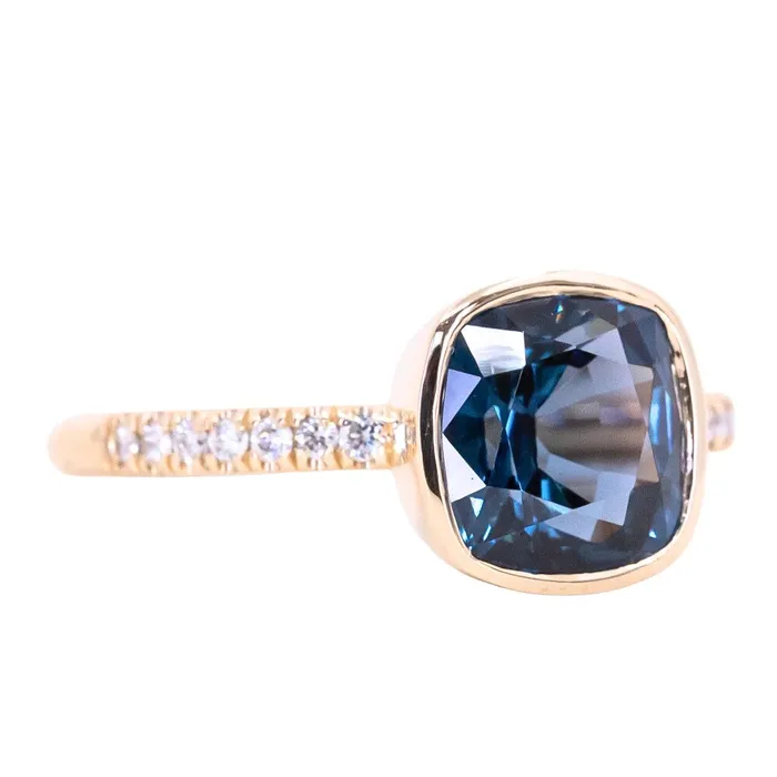 315ct Cushion Cut Spinel Low Profile Bezel Solitaire Ring with French Set Diamonds in 14k Yellow Gold Anueva Jewelry Rings