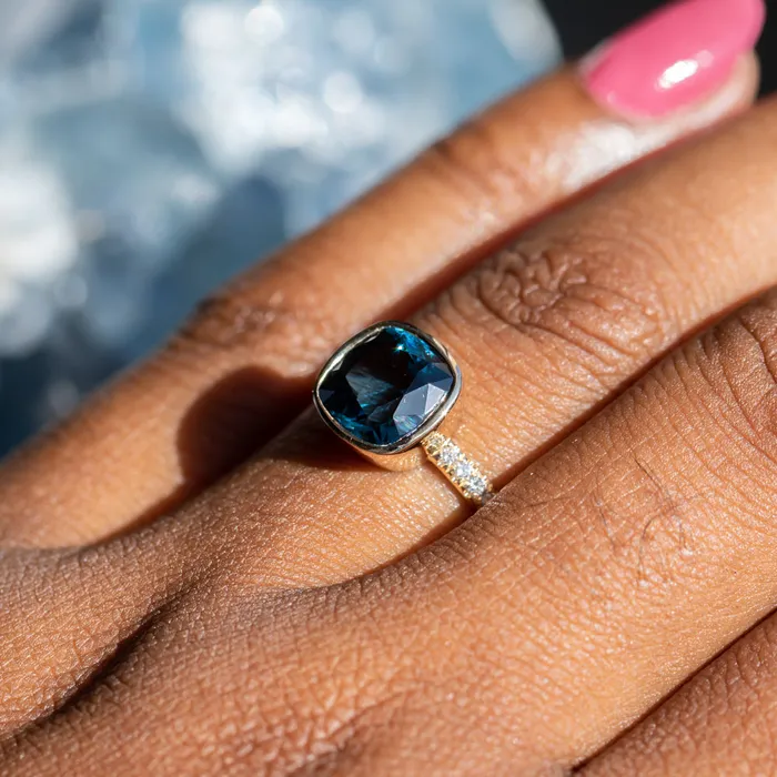315ct Cushion Cut Spinel Low Profile Bezel Solitaire Ring with French Set Diamonds in 14k Yellow Gold Anueva Jewelry Rings