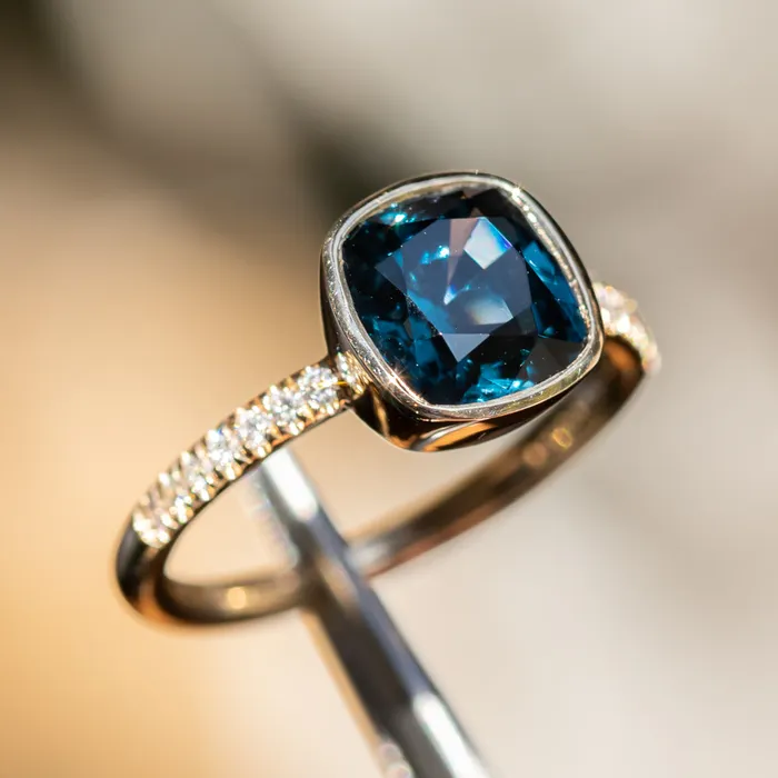 315ct Cushion Cut Spinel Low Profile Bezel Solitaire Ring with French Set Diamonds in 14k Yellow Gold Anueva Jewelry Rings