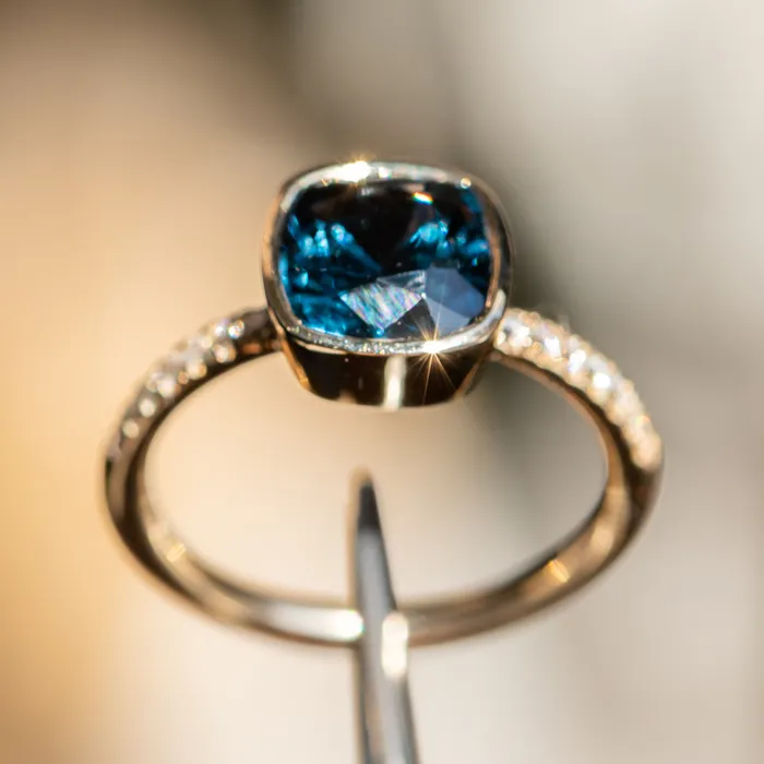 315ct Cushion Cut Spinel Low Profile Bezel Solitaire Ring with French Set Diamonds in 14k Yellow Gold Anueva Jewelry Rings