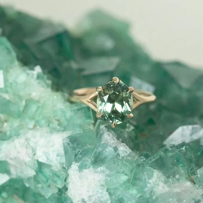 325ct Seafoam Blue Green Madagascar Sapphire Six Prong Split Shank Ring in 14k Yellow Gold Anueva Jewelry Rings