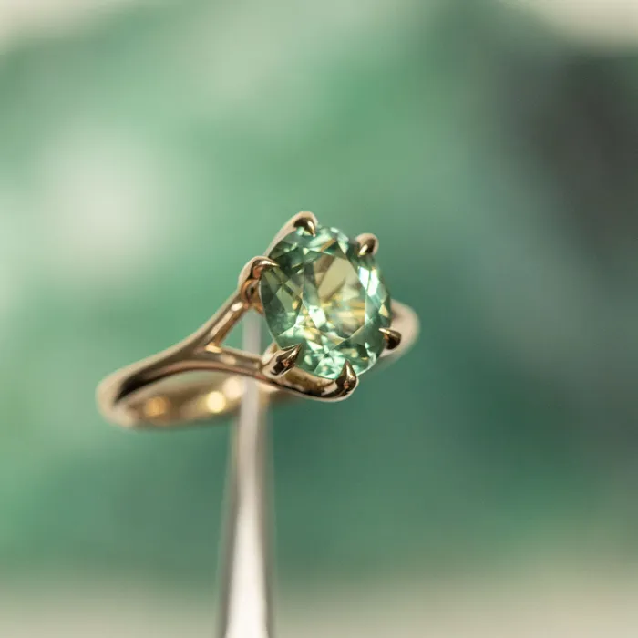 325ct Seafoam Blue Green Madagascar Sapphire Six Prong Split Shank Ring in 14k Yellow Gold Anueva Jewelry Rings