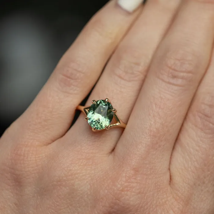 325ct Seafoam Blue Green Madagascar Sapphire Six Prong Split Shank Ring in 14k Yellow Gold Anueva Jewelry Rings