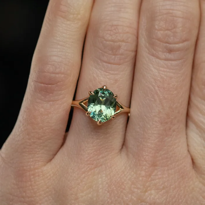 325ct Seafoam Blue Green Madagascar Sapphire Six Prong Split Shank Ring in 14k Yellow Gold Anueva Jewelry Rings