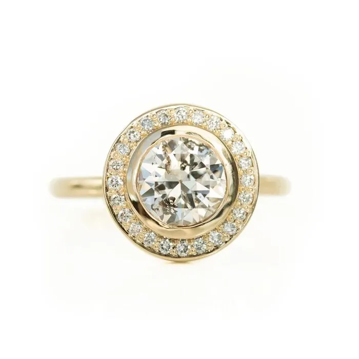 Anueva Jewelry Earrings 145ct Antique Old European Cut Diamond in 14k Yellow Gold Bezel Set Halo