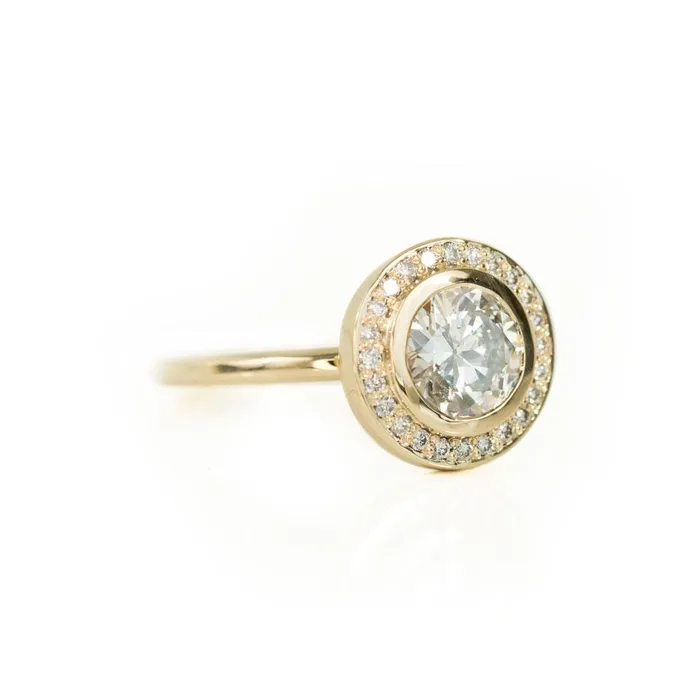 Anueva Jewelry Earrings 145ct Antique Old European Cut Diamond in 14k Yellow Gold Bezel Set Halo