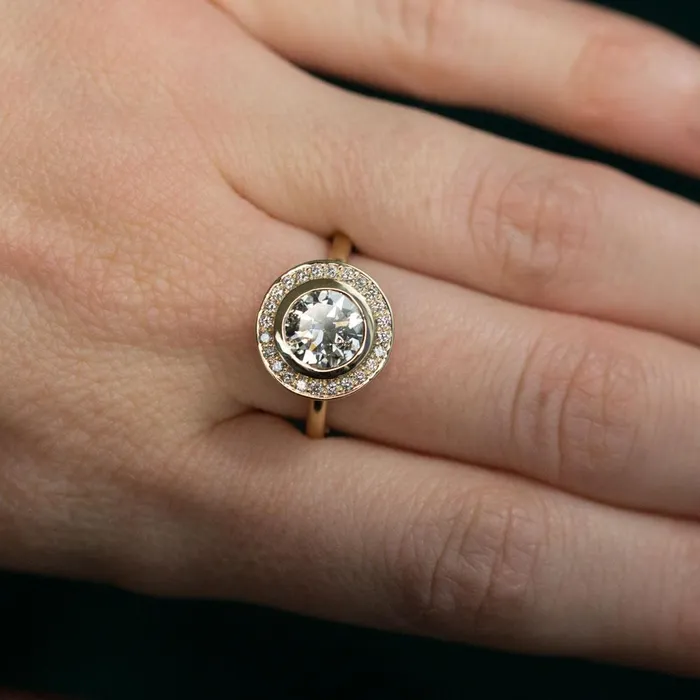 Anueva Jewelry Earrings 145ct Antique Old European Cut Diamond in 14k Yellow Gold Bezel Set Halo