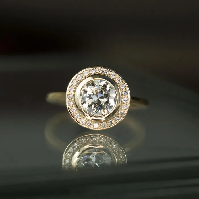 Anueva Jewelry Earrings 145ct Antique Old European Cut Diamond in 14k Yellow Gold Bezel Set Halo