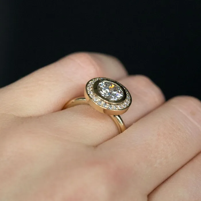 Anueva Jewelry Earrings 145ct Antique Old European Cut Diamond in 14k Yellow Gold Bezel Set Halo