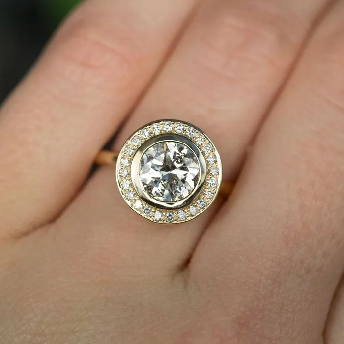 Anueva Jewelry Earrings 145ct Antique Old European Cut Diamond in 14k Yellow Gold Bezel Set Halo