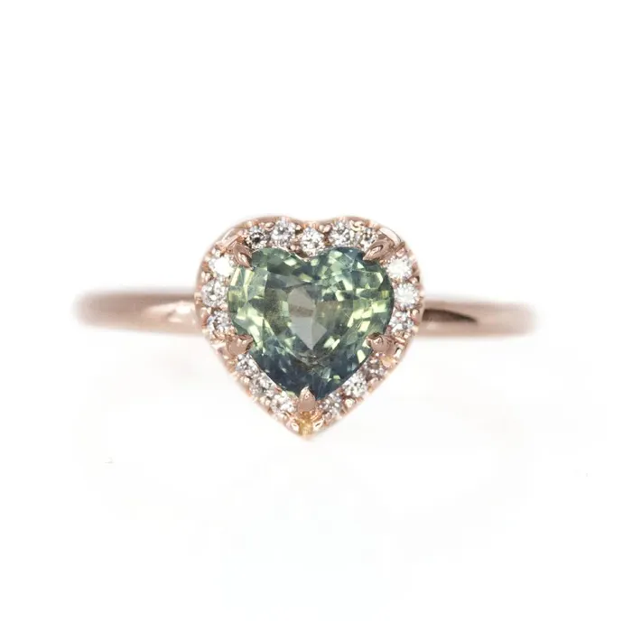 Anueva Jewelry Necklaces 166ct Teal Heart Sapphire in Rose Gold Low Profile Diamond Halo by Anueva Jewelry Anueva Jewelry Necklaces 166ct Teal Heart Sapphire in Rose Gold Low Profile Diamond Halo by Anueva Jewelry
