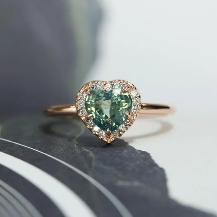 Anueva Jewelry Necklaces 166ct Teal Heart Sapphire in Rose Gold Low Profile Diamond Halo by Anueva Jewelry