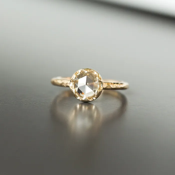 Anueva Jewelry Rings 090ct Rosecut Diamond 6Prong Low Profile Ring with Evergreen Textured Band in Yellow Gold Anueva Jewelry Rings 090ct Rosecut Diamond 6Prong Low Profile Ring with Evergreen Textured Band in Yellow Gold
