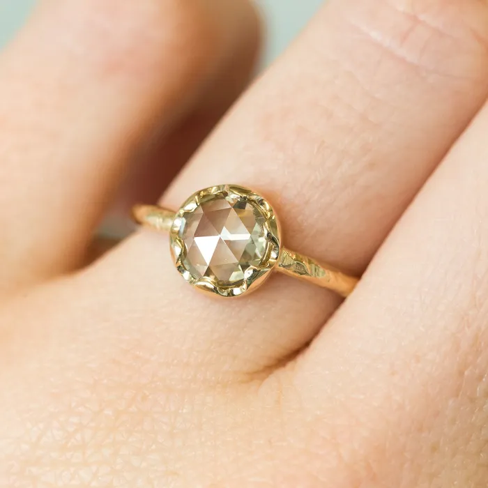 Anueva Jewelry Rings 090ct Rosecut Diamond 6Prong Low Profile Ring with Evergreen Textured Band in Yellow Gold