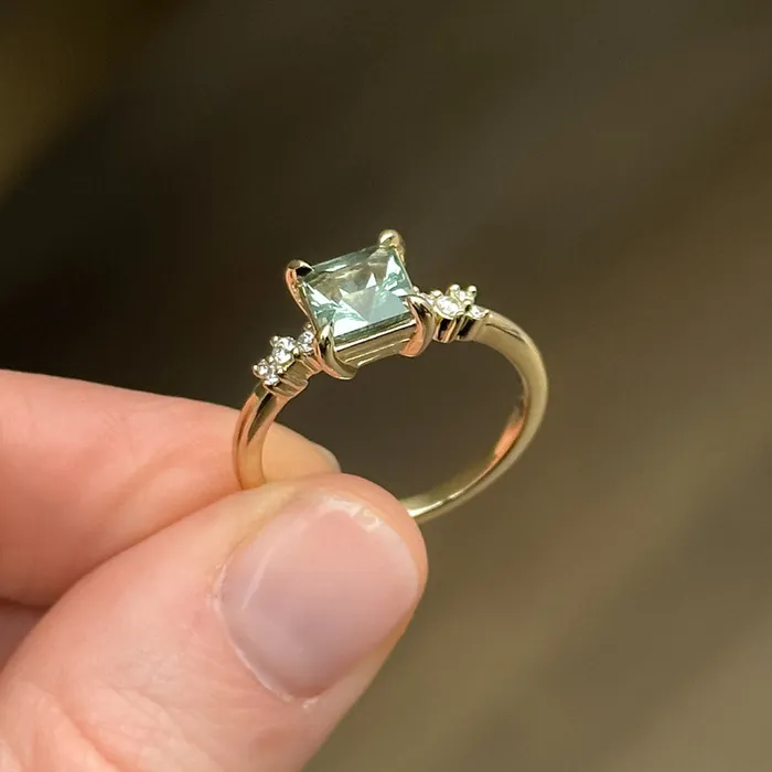 Anueva Jewelry Rings 152ct Princess Cut Montana Sapphire and Diamond Starry Night Low Profile Solitaire in 14k Yellow Gold