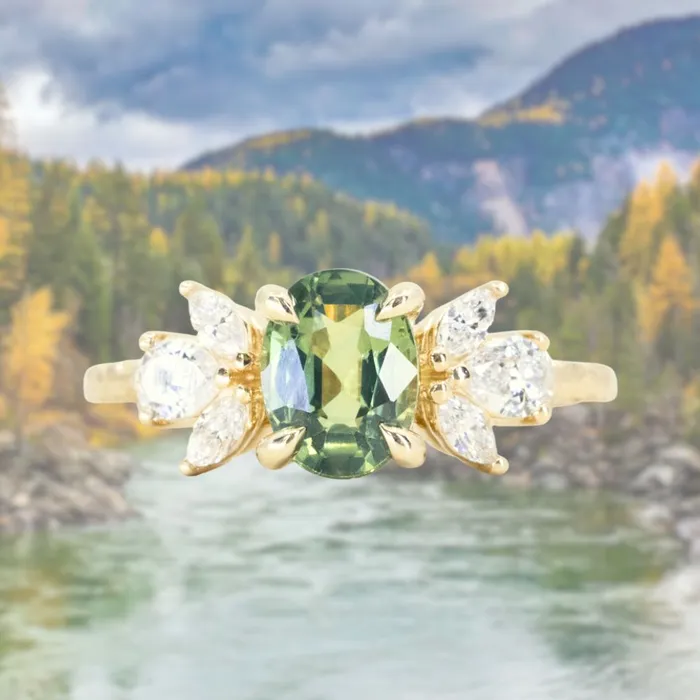 Anueva Jewelry Rings 155ct Untreated Oval Green Sapphire and Lab Grown Marquise Diamond Cluster Ring in 14k Yellow Gold Anueva Jewelry Rings 155ct Untreated Oval Green Sapphire and Lab Grown Marquise Diamond Cluster Ring in 14k Yellow Gold