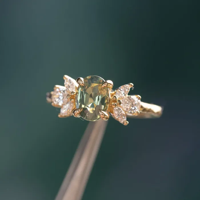 Anueva Jewelry Rings 155ct Untreated Oval Green Sapphire and Lab Grown Marquise Diamond Cluster Ring in 14k Yellow Gold