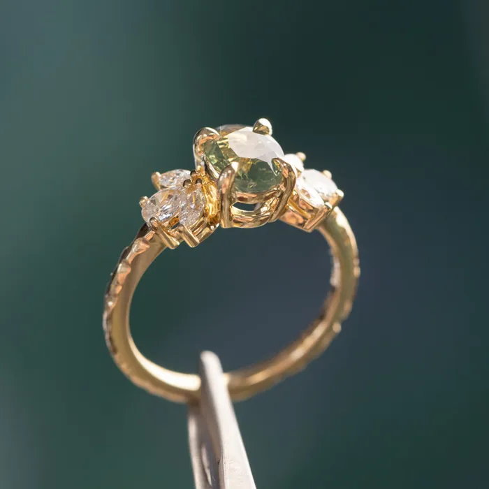 Anueva Jewelry Rings 155ct Untreated Oval Green Sapphire and Lab Grown Marquise Diamond Cluster Ring in 14k Yellow Gold
