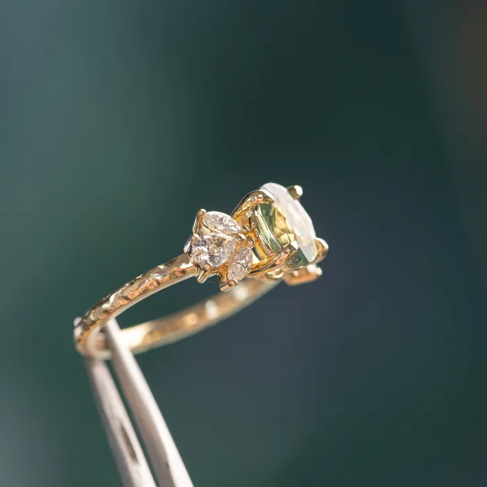 Anueva Jewelry Rings 155ct Untreated Oval Green Sapphire and Lab Grown Marquise Diamond Cluster Ring in 14k Yellow Gold