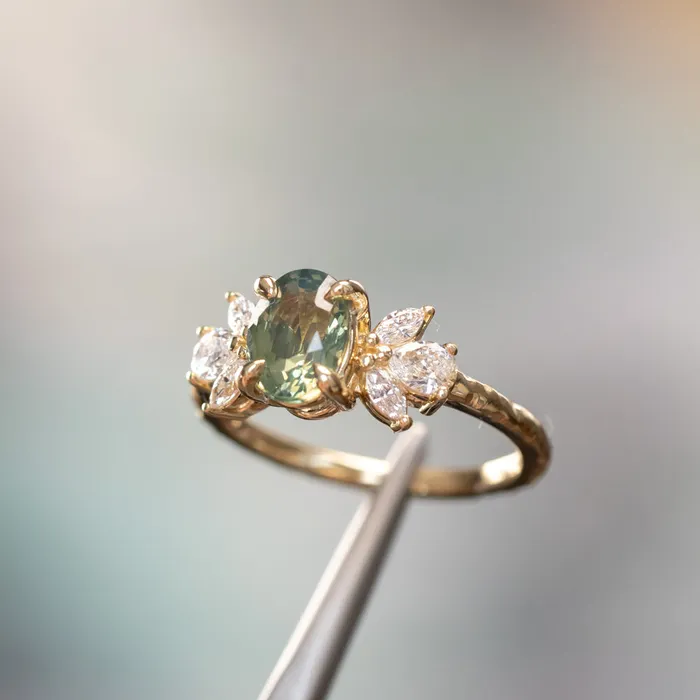 Anueva Jewelry Rings 155ct Untreated Oval Green Sapphire and Lab Grown Marquise Diamond Cluster Ring in 14k Yellow Gold