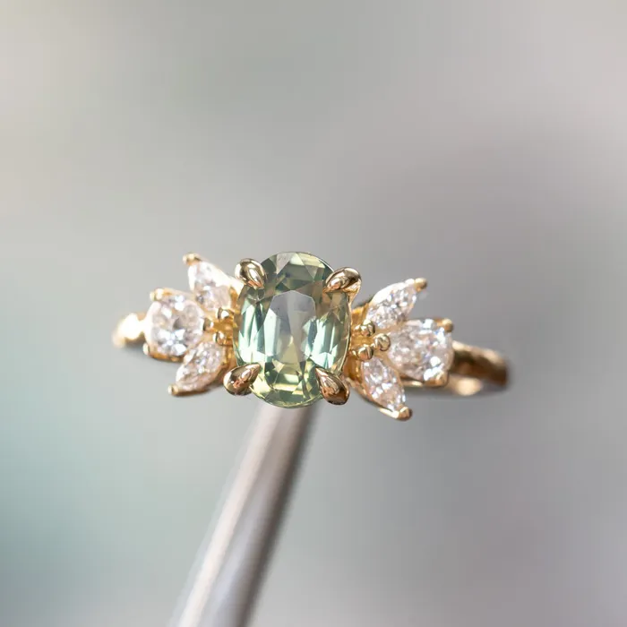 Anueva Jewelry Rings 155ct Untreated Oval Green Sapphire and Lab Grown Marquise Diamond Cluster Ring in 14k Yellow Gold