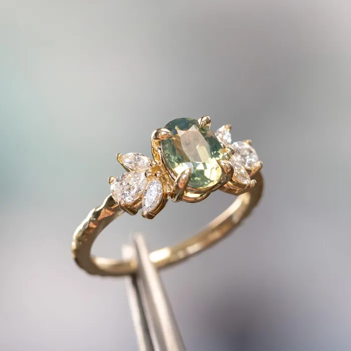 Anueva Jewelry Rings 155ct Untreated Oval Green Sapphire and Lab Grown Marquise Diamond Cluster Ring in 14k Yellow Gold