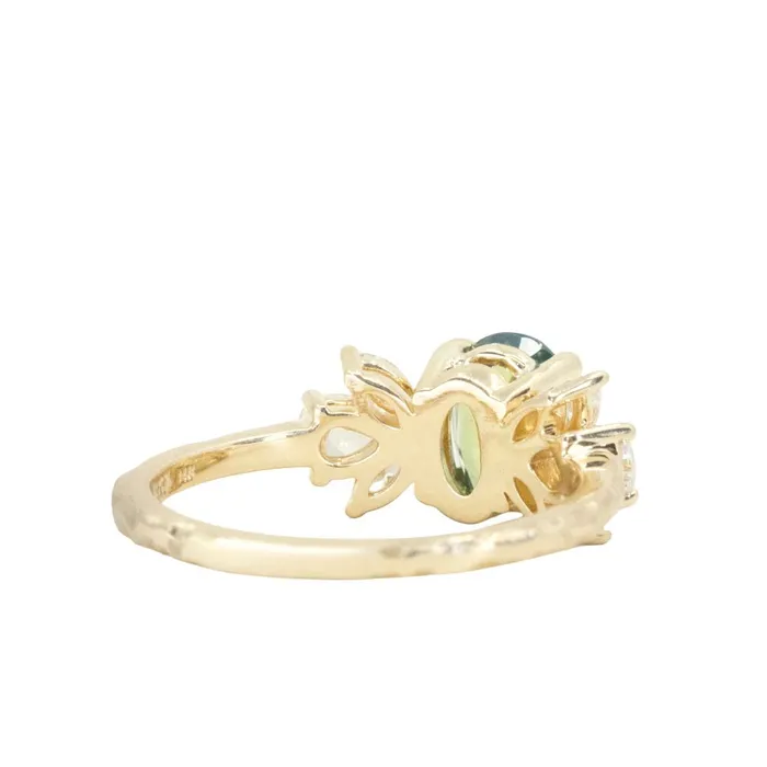 Anueva Jewelry Rings 155ct Untreated Oval Green Sapphire and Lab Grown Marquise Diamond Cluster Ring in 14k Yellow Gold