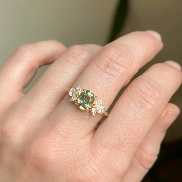 Anueva Jewelry Rings 155ct Untreated Oval Green Sapphire and Lab Grown Marquise Diamond Cluster Ring in 14k Yellow Gold