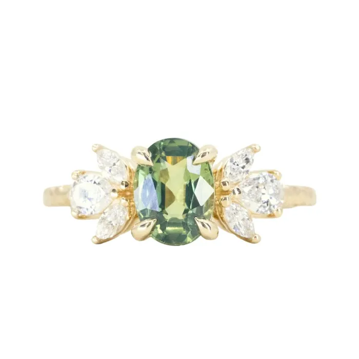 Anueva Jewelry Rings 155ct Untreated Oval Green Sapphire and Lab Grown Marquise Diamond Cluster Ring in 14k Yellow Gold
