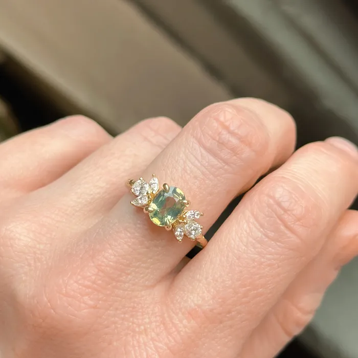 Anueva Jewelry Rings 155ct Untreated Oval Green Sapphire and Lab Grown Marquise Diamond Cluster Ring in 14k Yellow Gold
