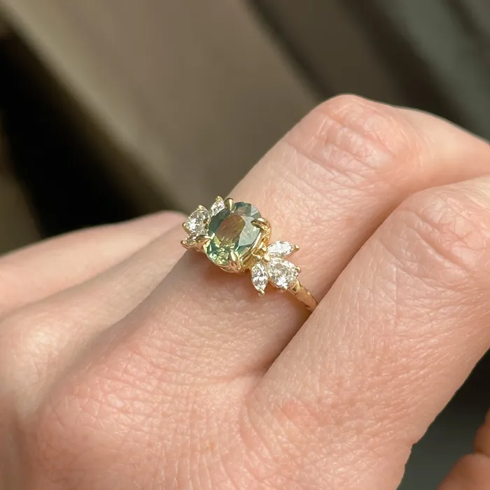 Anueva Jewelry Rings 155ct Untreated Oval Green Sapphire and Lab Grown Marquise Diamond Cluster Ring in 14k Yellow Gold