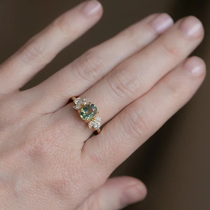 Anueva Jewelry Rings 155ct Untreated Oval Green Sapphire and Lab Grown Marquise Diamond Cluster Ring in 14k Yellow Gold