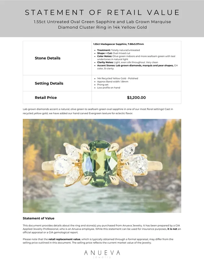 Anueva Jewelry Rings 155ct Untreated Oval Green Sapphire and Lab Grown Marquise Diamond Cluster Ring in 14k Yellow Gold