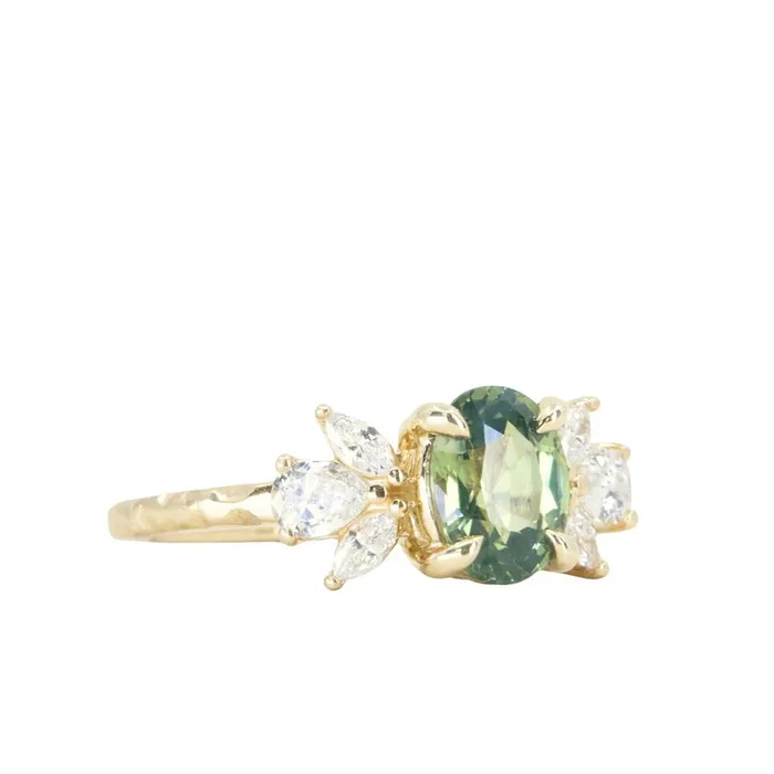 Anueva Jewelry Rings 155ct Untreated Oval Green Sapphire and Lab Grown Marquise Diamond Cluster Ring in 14k Yellow Gold