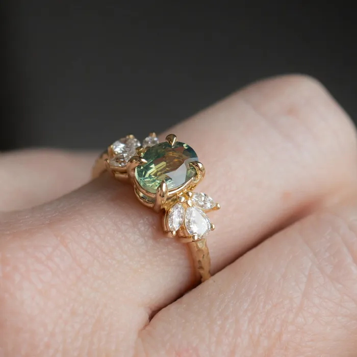 Anueva Jewelry Rings 155ct Untreated Oval Green Sapphire and Lab Grown Marquise Diamond Cluster Ring in 14k Yellow Gold