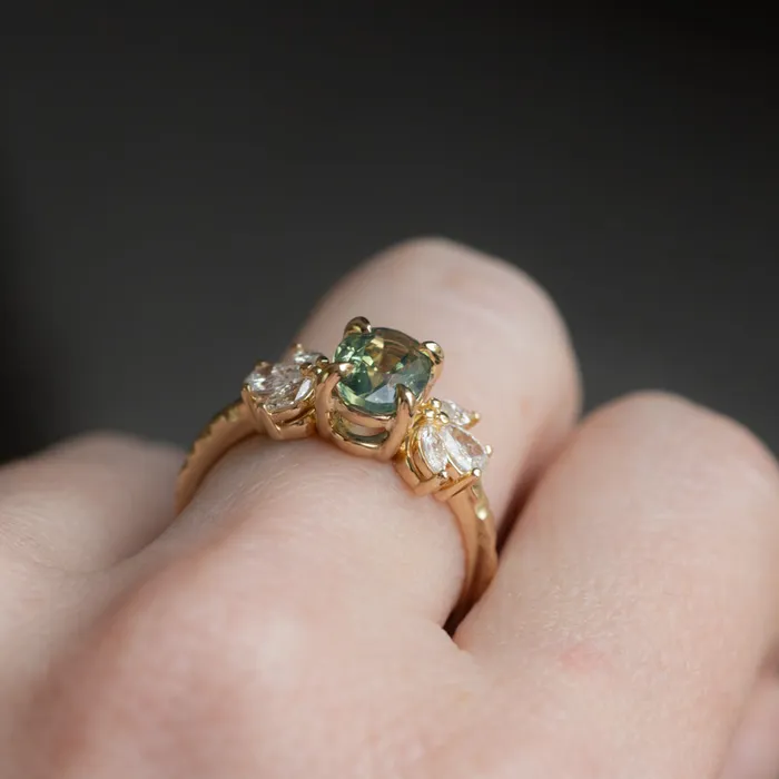 Anueva Jewelry Rings 155ct Untreated Oval Green Sapphire and Lab Grown Marquise Diamond Cluster Ring in 14k Yellow Gold