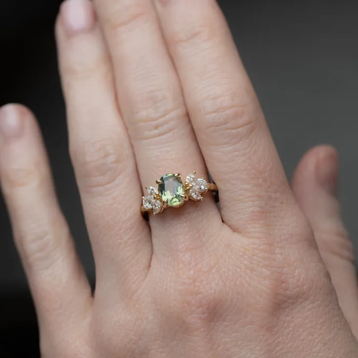 Anueva Jewelry Rings 155ct Untreated Oval Green Sapphire and Lab Grown Marquise Diamond Cluster Ring in 14k Yellow Gold