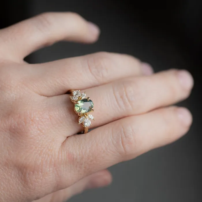 Anueva Jewelry Rings 155ct Untreated Oval Green Sapphire and Lab Grown Marquise Diamond Cluster Ring in 14k Yellow Gold
