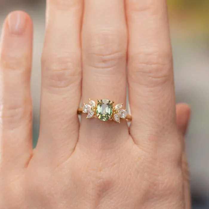 Anueva Jewelry Rings 155ct Untreated Oval Green Sapphire and Lab Grown Marquise Diamond Cluster Ring in 14k Yellow Gold