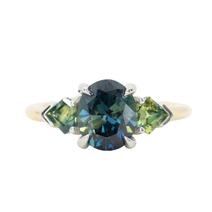 Anueva Jewelry Rings 238ct Three Stone Oval Australian and Shield Cut Sapphire Three Stone Ring in 18k Yellow Gold and Platinum Anueva Jewelry Rings 238ct Three Stone Oval Australian and Shield Cut Sapphire Three Stone Ring in 18k Yellow Gold and Platinum