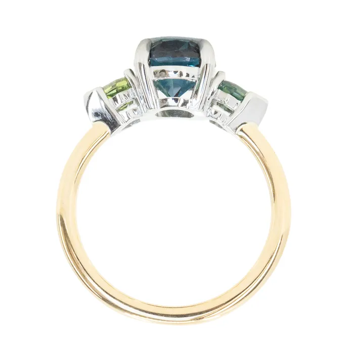 Anueva Jewelry Rings 238ct Three Stone Oval Australian and Shield Cut Sapphire Three Stone Ring in 18k Yellow Gold and Platinum