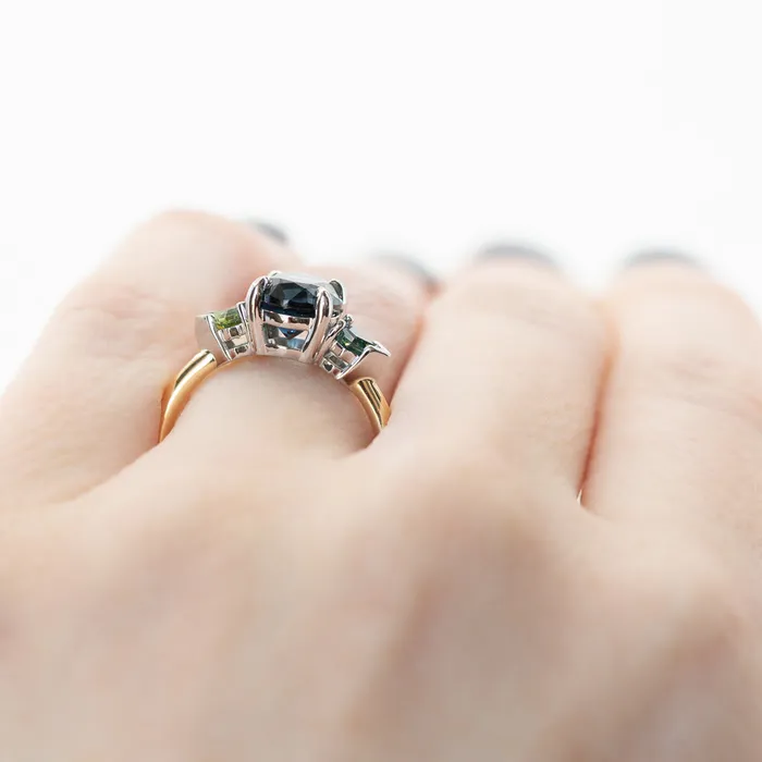 Anueva Jewelry Rings 238ct Three Stone Oval Australian and Shield Cut Sapphire Three Stone Ring in 18k Yellow Gold and Platinum