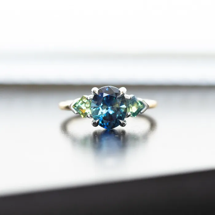 Anueva Jewelry Rings 238ct Three Stone Oval Australian and Shield Cut Sapphire Three Stone Ring in 18k Yellow Gold and Platinum