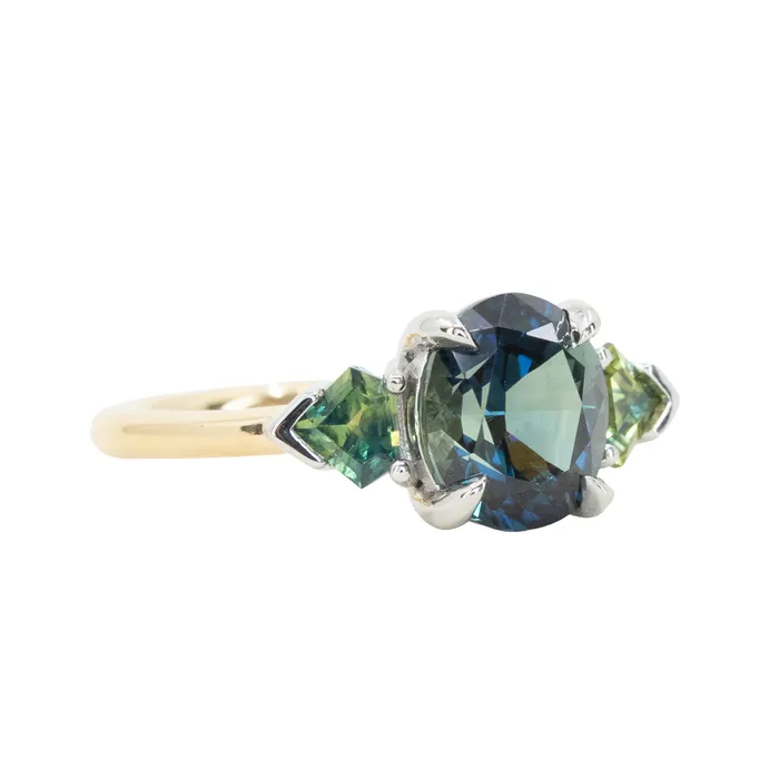 Anueva Jewelry Rings 238ct Three Stone Oval Australian and Shield Cut Sapphire Three Stone Ring in 18k Yellow Gold and Platinum