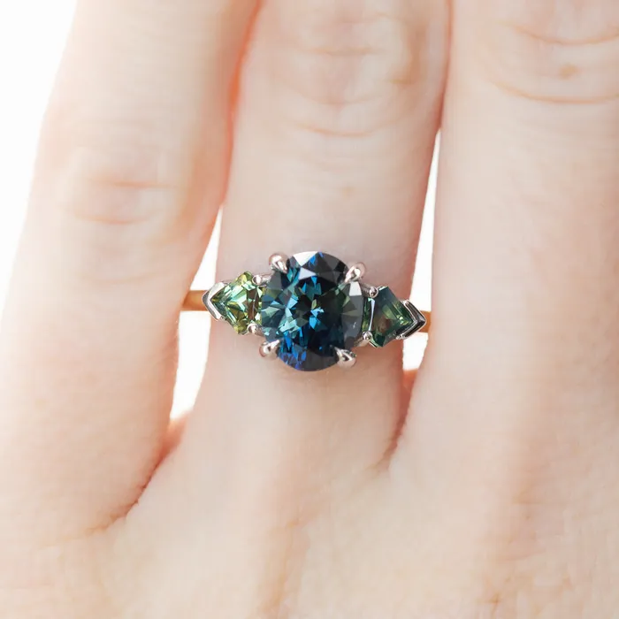 Anueva Jewelry Rings 238ct Three Stone Oval Australian and Shield Cut Sapphire Three Stone Ring in 18k Yellow Gold and Platinum