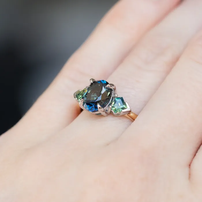 Anueva Jewelry Rings 238ct Three Stone Oval Australian and Shield Cut Sapphire Three Stone Ring in 18k Yellow Gold and Platinum