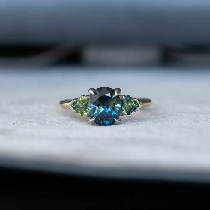 Anueva Jewelry Rings 238ct Three Stone Oval Australian and Shield Cut Sapphire Three Stone Ring in 18k Yellow Gold and Platinum