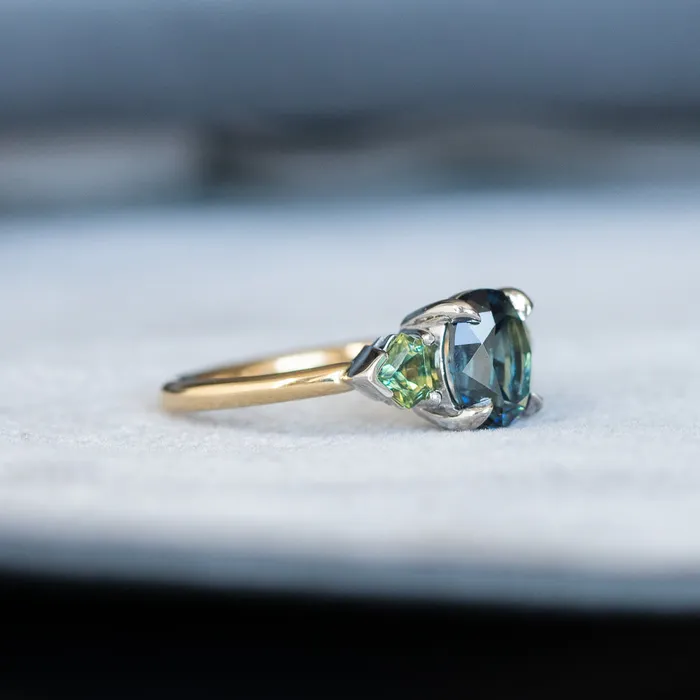 Anueva Jewelry Rings 238ct Three Stone Oval Australian and Shield Cut Sapphire Three Stone Ring in 18k Yellow Gold and Platinum