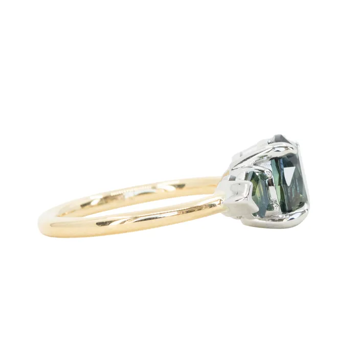 Anueva Jewelry Rings 238ct Three Stone Oval Australian and Shield Cut Sapphire Three Stone Ring in 18k Yellow Gold and Platinum