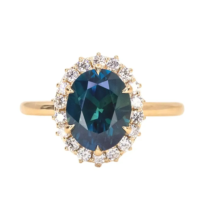 Choice Gems Co Rings 315ct Oval Blue Untreated Nigerian Sapphire AntiqueStyle Diamond Halo Ring in 18k Yellow Gold